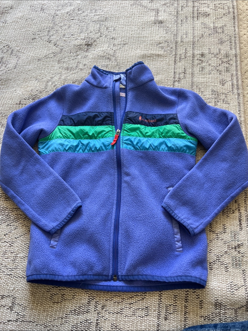 cotopaxi Purple Fleece Jacket with Navy, Teal & Green Stripes